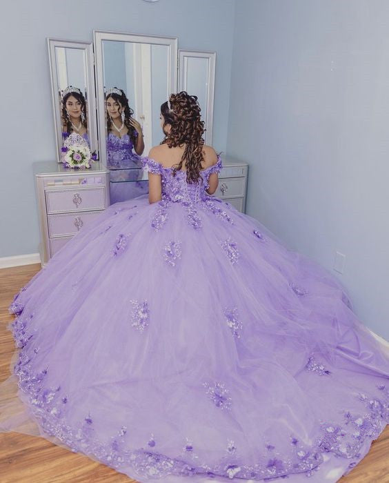 Vestido de gala con generoso escote palabra de honor y apliques lavanda, vestido de quinceañera Y1079