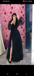 Vestido de fiesta azul marino para mujer con mangas abullonadas, elegante vestido largo de noche con escote en V Y1083