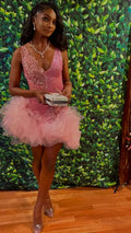 Cute V Neck Pink Short Homecoming Dress and Bottom Tulle Ruffles Pink Birthday Outfit Dress  Y762