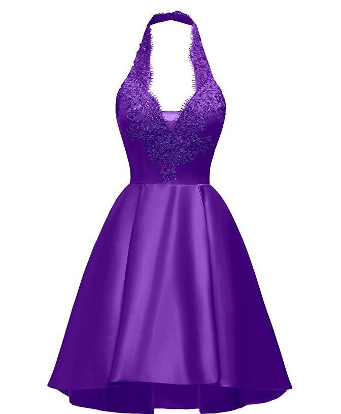 Robe de bal violette dos nu plissée, col V plongeant, applications de satin, Y854