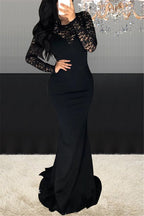 Robe de soirée noire à manches longues et coutures en dentelle Y949