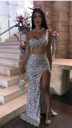 Vestido de fiesta plateado con lentejuelas, vestido de noche Y1036