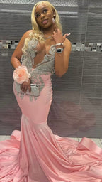 Robe de soirée sirène rose élégante à décolleté plongeant pour jeunes filles noires Y797