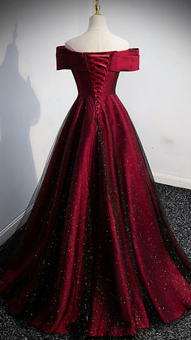 Robe de bal longue en satin bordeaux, coupe trapèze, référence Y767