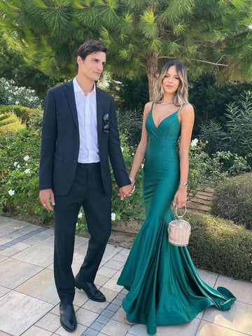 Robe de bal longue verte sirène en satin simple à col en V, robe de soirée verte Y852