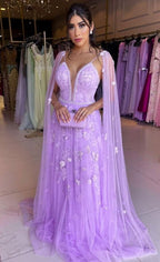 Vestido de fiesta de corte A, encaje lavanda y tul. Encantador vestido de noche de corte A Y1022
