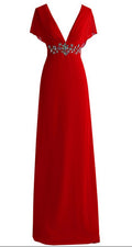 Vestido de noche rojo sexy con escote en V profundo, espalda de gasa con cristales, vestido de noche formal Y1005