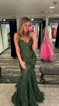 Robe de soirée sirène en dentelle à fines bretelles vertes Y1030