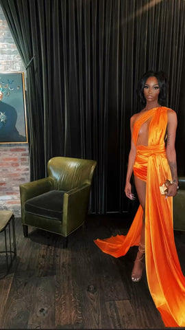 Robe de soirée sexy orange sans manches en satin, tenue pour un 21e anniversaire, robe de soirée sexy Y782