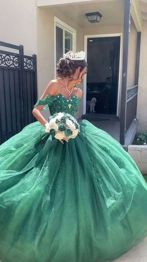 Encantador vestido de princesa verde de tul y encaje con hombros descubiertos, vestido de baile verde Y1118