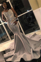 Robe de bal sirène gris argenté ornée de perles et de cristaux, sexy, sans bretelles et sans manches, robe de soirée formelle Y883