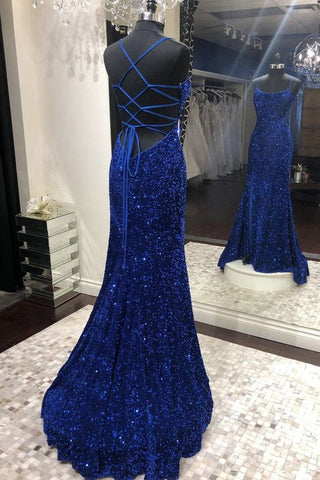 Robe de bal longue sirène à sequins, robe de soirée bleue dos nu Y1003