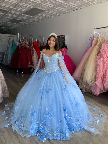 Robe de bal bleu clair pour quinceañera, ornée de fleurs, épaules dénudées, applications de dentelle, perles de cristal et fleurs 3D, manches longues, robe Sweet 16 Y759