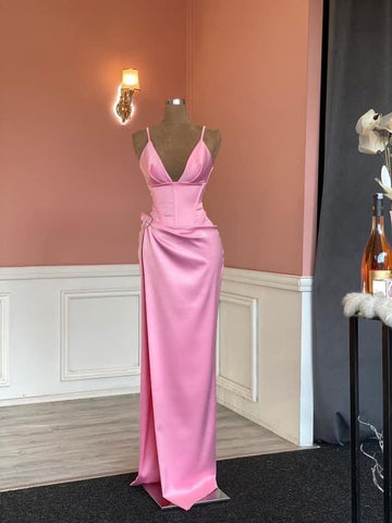 Robe de soirée rose élégante sans manches à fines bretelles, style concours de beauté Y817