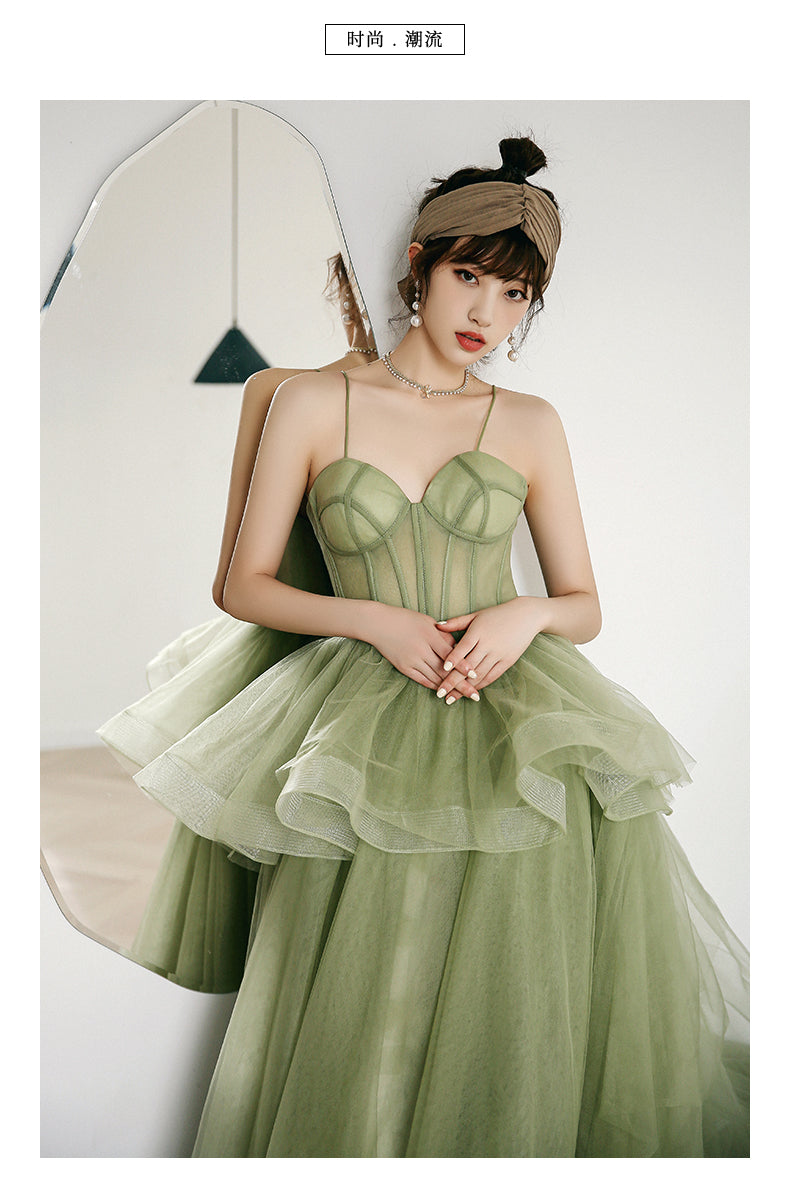 Vestido de baile de gala verde salvia con tirantes, vestido de fiesta formal de primavera S21224