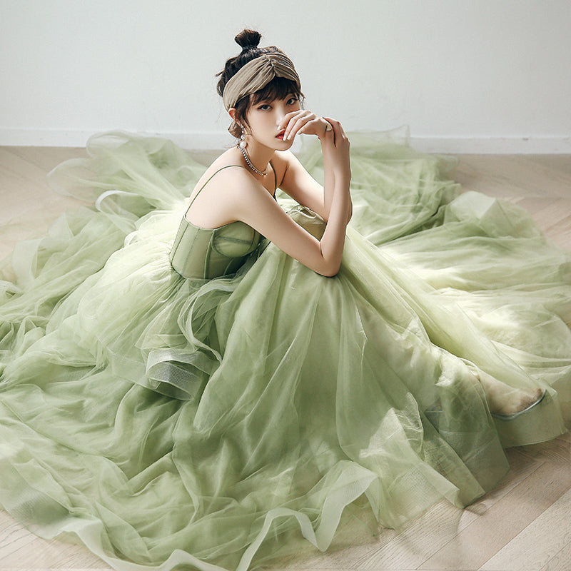 Vestido de baile de gala verde salvia con tirantes, vestido de fiesta formal de primavera S21224