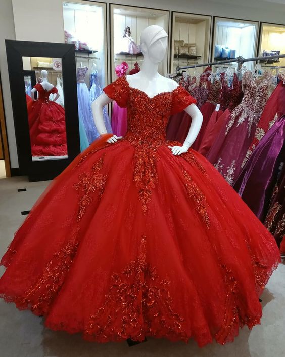 Vestido de baile de encaje y tul rojo oscuro para quinceañera Y1440