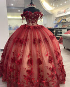 Vestido de quinceañera brillante con hombros descubiertos, flores 3D y cola, vestido de baile Y1448