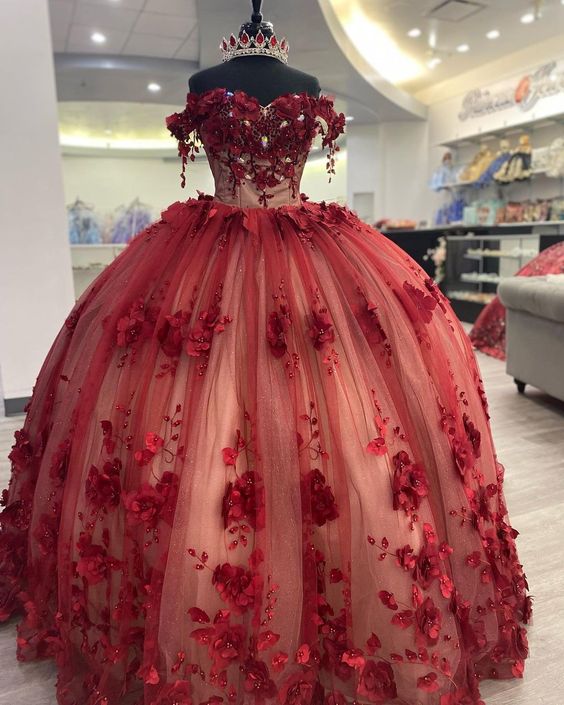 Robe de bal scintillante à épaules dénudées et fleurs 3D avec traîne, modèle Y1448