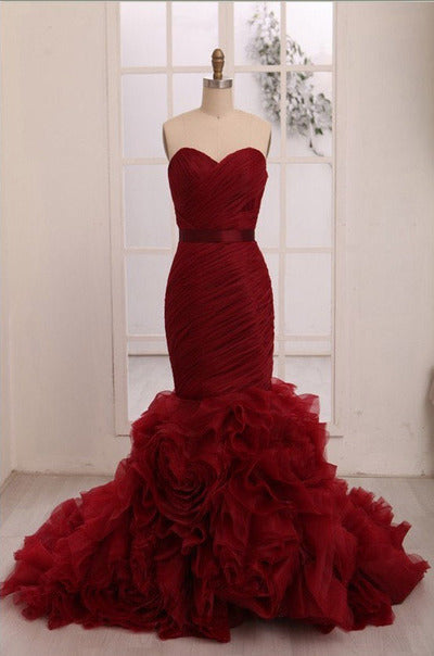 Vestidos largos de sirena rojos para baile de graduación, preciosos vestidos de noche, vestidos de noche sin tirantes con escote corazón Y1441