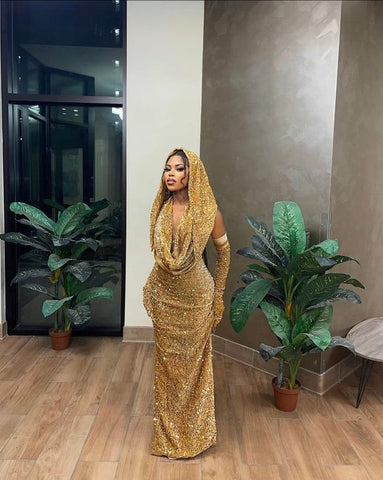 Gold Mermaid Sequins Evening Dresses Sparkly Prom Dress Y1691