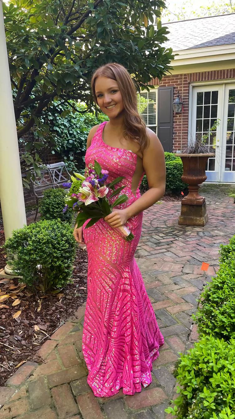 Vestido largo de fiesta fucsia de un solo hombro estilo sirena, vestido de noche brillante Y1677