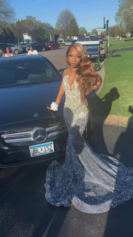 Vestido largo de fiesta de sirena con lentejuelas plateadas brillantes Y1705