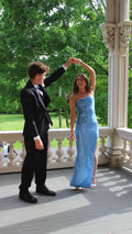 Elegante vestido de sirena azul con lentejuelas para baile de graduación, encantador vestido de noche Y1707