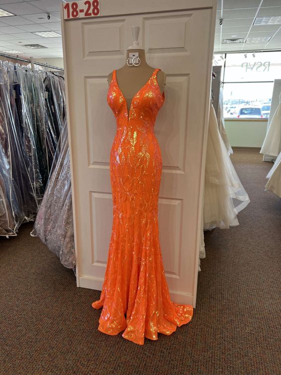 Robe de bal longue sirène à sequins orange, col en V, robe de soirée élégante, robe de cérémonie orange Y1714
