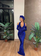Vestido largo de fiesta azul real con lentejuelas, elegante vestido de noche azul real, vestido de gala Y1833