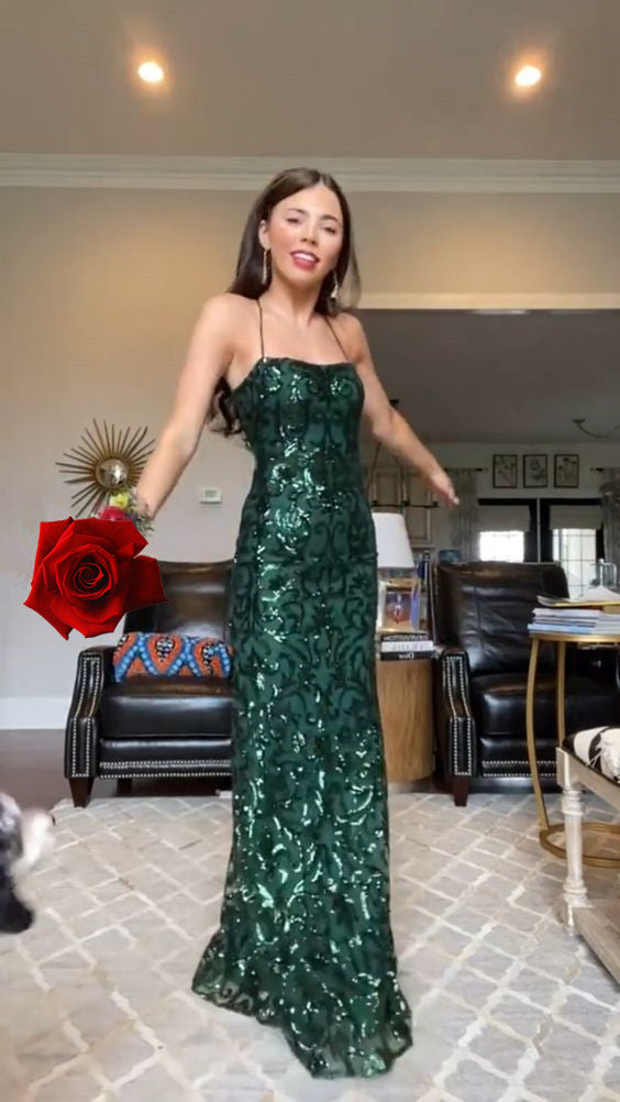 Vestido de fiesta verde con lentejuelas, corte recto/tubo, encantador vestido de noche Y1830