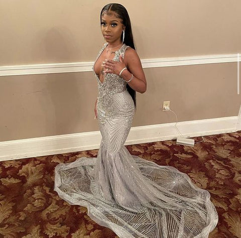 Robe de soirée sirène argentée pour femme Y1696