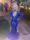 Sparkle Royal Blue Sequin Long Sleeves Mermaid Evening Dresses Y1663