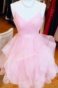 Vestido corto rosa de corte A para fiesta de bienvenida o cumpleaños, con falda con volantes Y1715