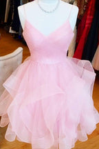 Vestido corto rosa de corte A para fiesta de bienvenida o cumpleaños, con falda con volantes Y1715