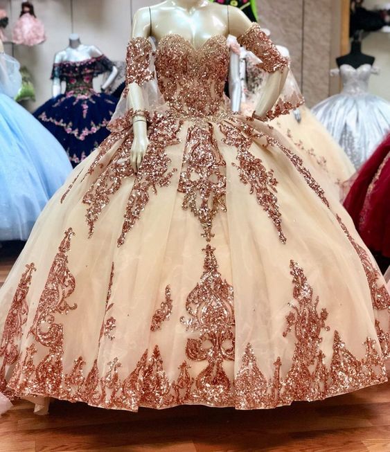 Vestido de quinceañera con apliques de lentejuelas brillantes, manga desmontable y escote corazón, modelo Y526