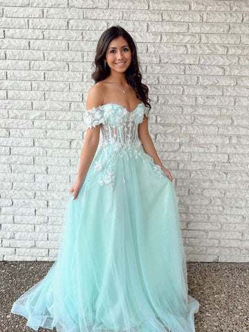 Robe de bal longue en tulle et dentelle à épaules dénudées, robe de soirée verte sur mesure Y632