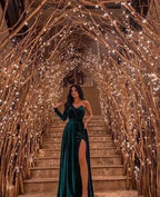 Robe de soirée en velours vert à une manche et fente haute, robe de soirée verte ample Y563