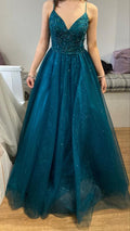 Vestido de fiesta de tirantes finos con escote en V, corte en A y lentejuelas, con generoso escote y cuentas (Y660)