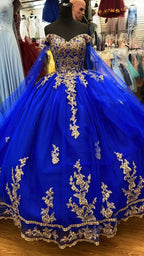 Vestido de baile de tul azul real con encaje dorado para quinceañera Y530