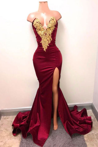 Robe de bal sirène bordeaux en dentelle dorée, longue robe de soirée bordeaux, robe de bal sexy Y552