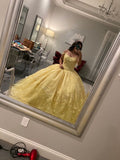 Vestido de quinceañera amarillo con hombros descubiertos, apliques de tul, estilo baile Y658
