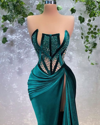 Robe de soirée sexy ornée de perles, robe de bal longue unique avec fente haute Y569