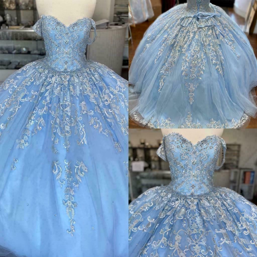 Vestido de quinceañera azul de baile de cuento de hadas invernal, vestido de baile de tul azul con encaje Y674