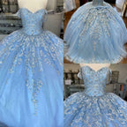 Vestido de quinceañera azul de baile de cuento de hadas invernal, vestido de baile de tul azul con encaje Y674