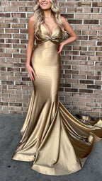 Robe de soirée sirène longue dorée à fines bretelles Y609
