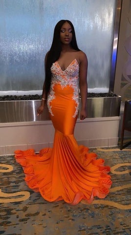 Robe de soirée sirène orange sexy avec appliques Y549