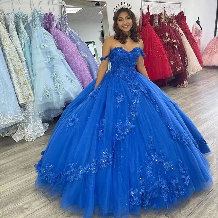 Vestido de quinceañera azul real con hombros descubiertos, vestido de princesa de 16 años con flores de tul en 3D Y524