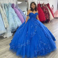 Vestido de quinceañera azul real con hombros descubiertos, vestido de princesa de 16 años con flores de tul en 3D Y524