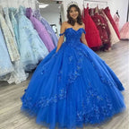 Vestido de quinceañera azul real con hombros descubiertos, vestido de princesa de 16 años con flores de tul en 3D Y524